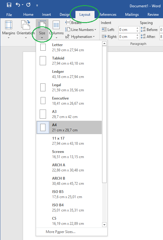 Picture: How to change page size in Wrd