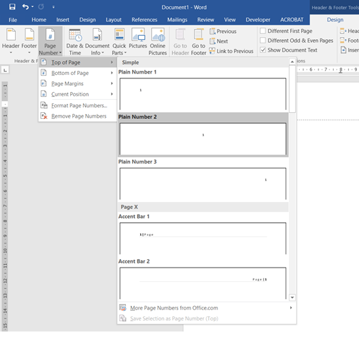 Picture: Where to find Page Number in Word.