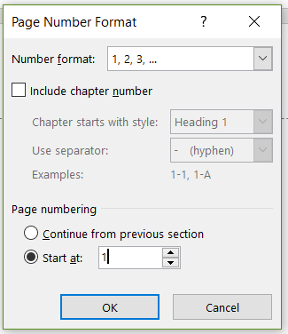 Picture: Pop-up window for the Page Number Format.