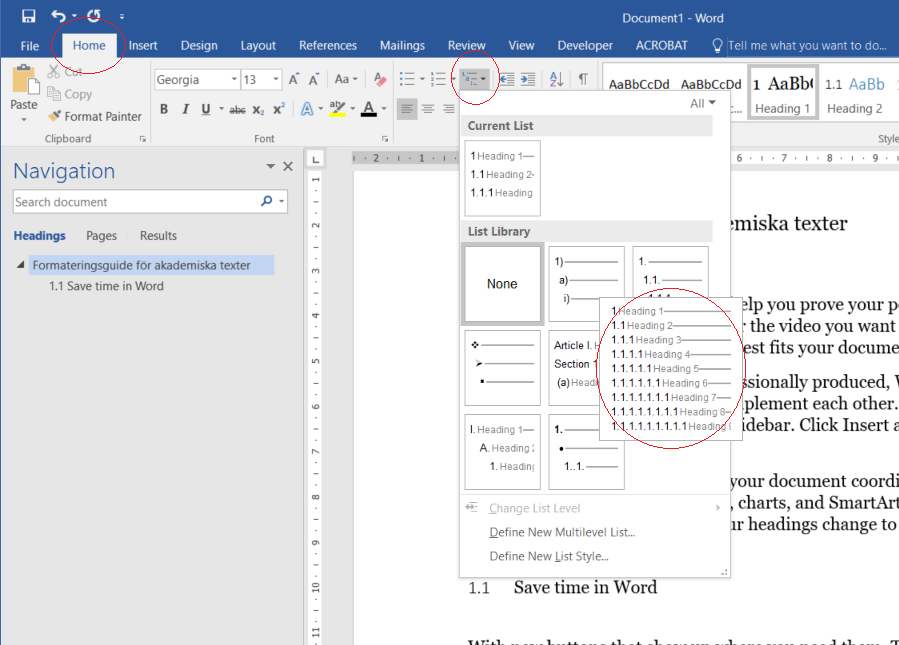 Bild: Var man hittar numrering i Word. Välj var det står Heading numrering.
