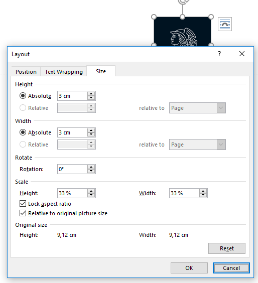 Picture: Pop-up window for the logo Layout. Height Absolute 3 cm. Width Absolute 3 cm.