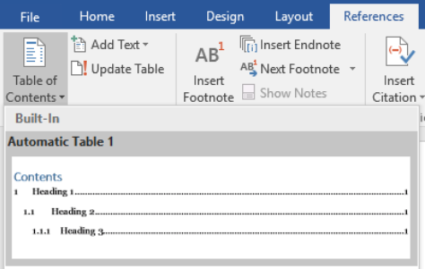 Picture: Where to find Table of Contents in Word.