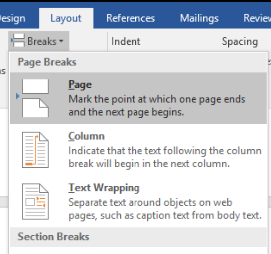 Picture: Where to find Page Break in Word through Layout