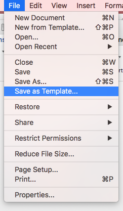 Picture: Cover Page in Mac is saved as Template.