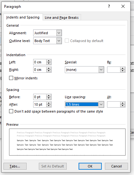 Paragraph pop-up screen with 1,5 line spacing and Spacing after 10 pt.