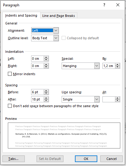 The Paragraphs window for Reference list text style. Install spacing and indentation here.